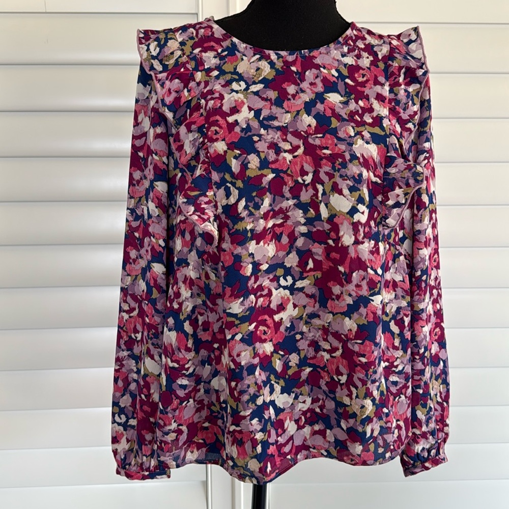 Nanette Lepore Floral Blouse Pink Carmine Ruffle Blouse Size small